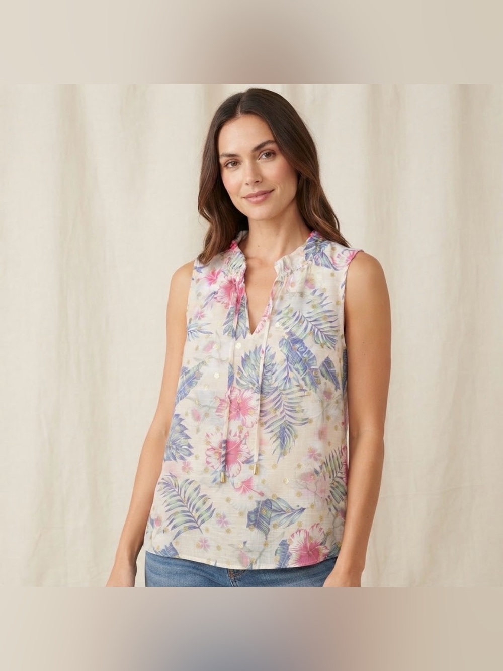 Harve Benard Tropical Print Gold Foil Polka Dot Sleeveless Ruffled Mock Neck Top